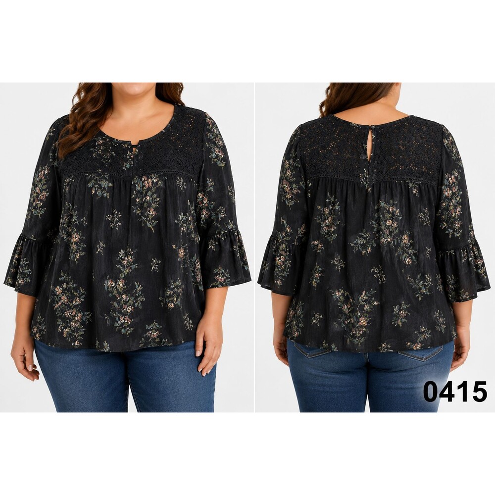 Eyeshadow Boho Floral Peasant Blouse Lace-Yoke Bell Sleeve – XXL - 0415